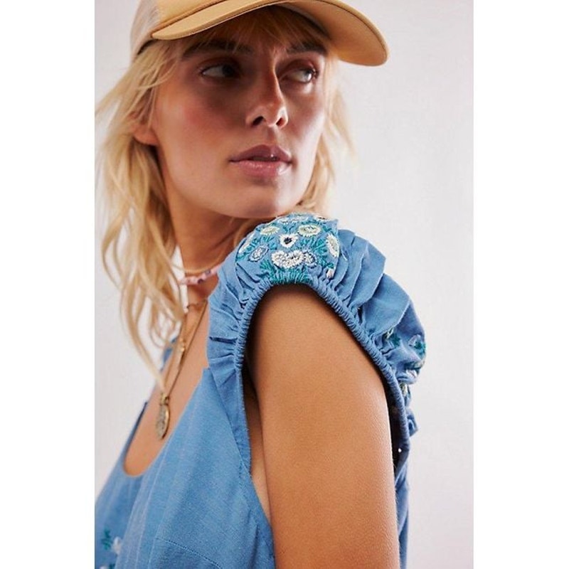 FREE PEOPLE Wildflower Embroidered Mini Dress MEDIUM Blue Free People