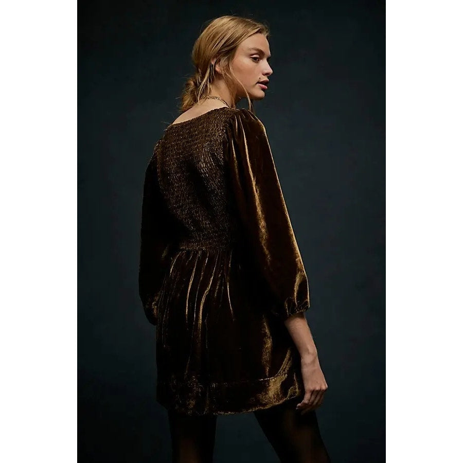 Free People Farrier Velvet Mini Dress X-SMALL Brown SMOCKED Free People