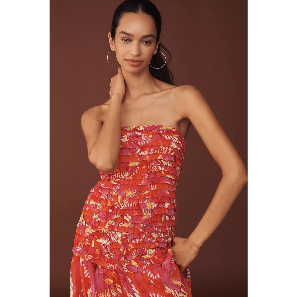 Anthropologie Farm Rio Shirred Drop-Waist Midi Dress SMALL Orange FARM Rio
