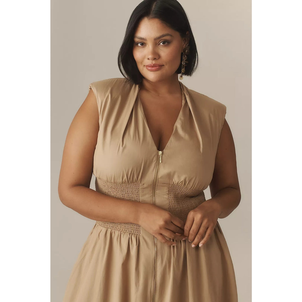 ANTHROPOLOGIE The Tommie Zip-Front Plunging Midi Dress PLUS 1X Neutral Anthropologie