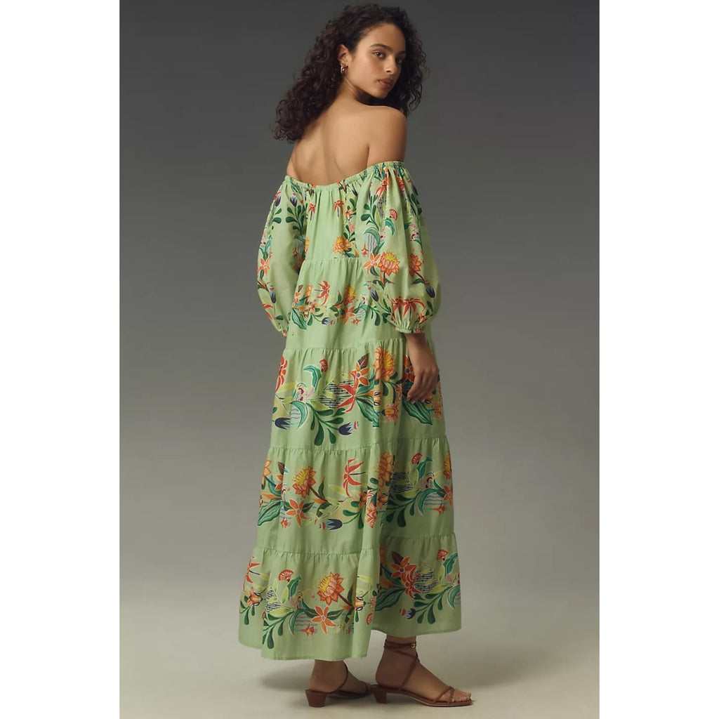 New Farm Rio x Anthropologie Off-The-Shoulder Tiered Floral Midi Dress $238 XXS