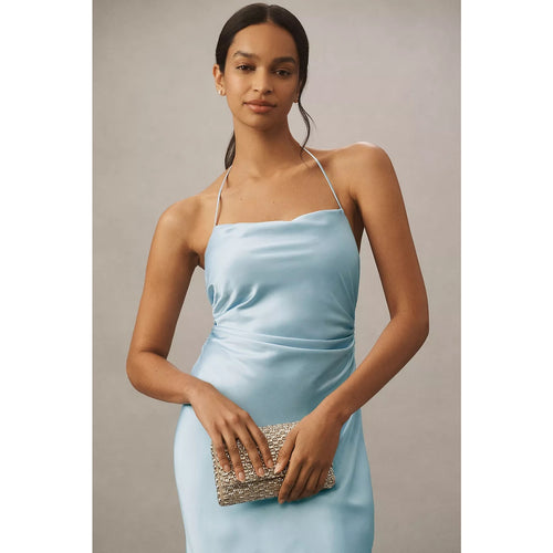 Light blue satin maxi dress with cowl bodice and thin halter straps