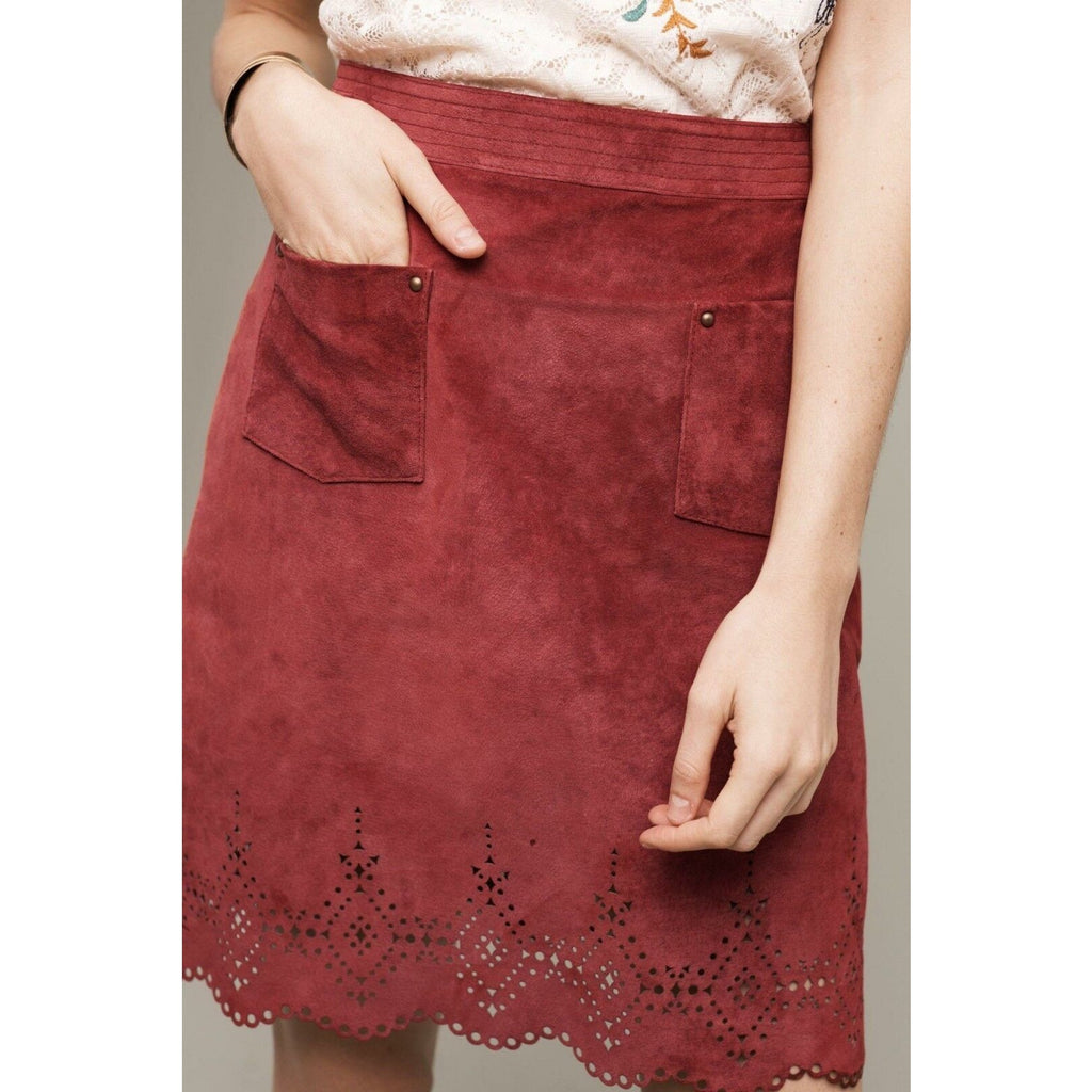 New Anthropologie Napa Laser Cut Leather Skirt by Maeve $198 Red/Bronze Size 6