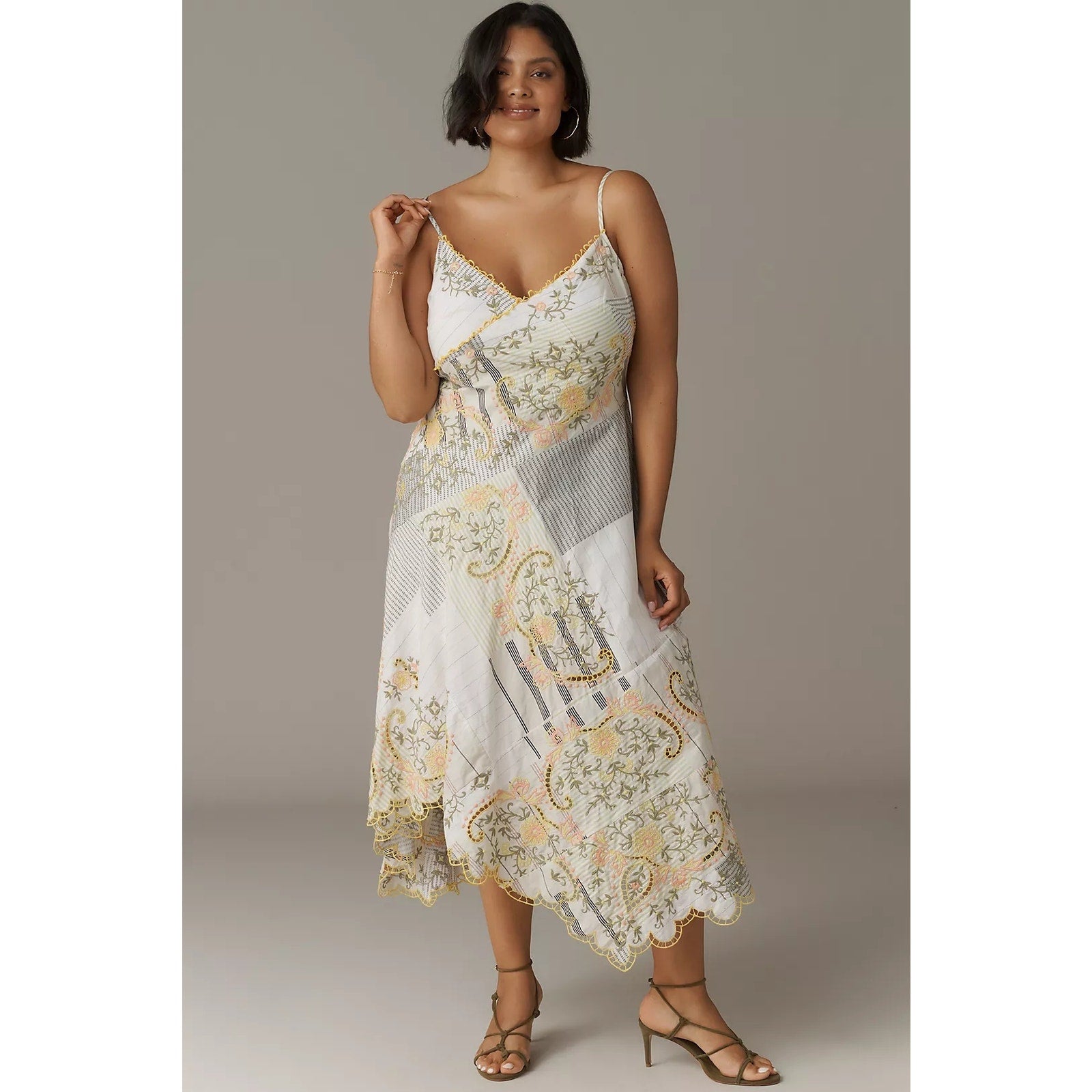 Anthropologie Sleeveless V-Neck Asymmetric Embroidered Midi Dress Sz L Anthropologie