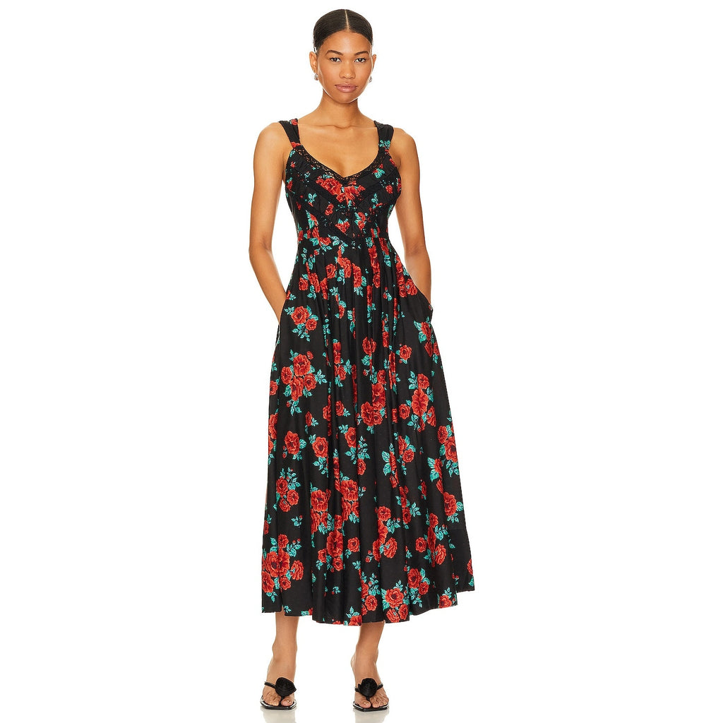 New Free People Lovers Heart Midi Dress $168 Medium Black & Red Floral Lace Trim