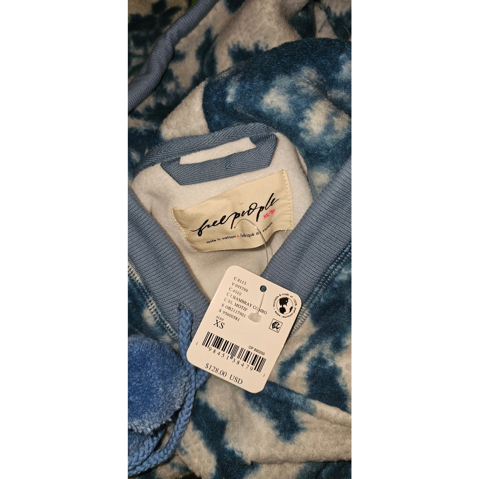New FREE PEOPLE With Love Sweatshirt $128 X-SMALL Blue HOODED FLEECE