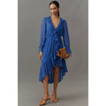 New Anthropologie Long-Sleeve Ruffled Asymmetric Midi Dress $168 SMALL Blue Anthropologie