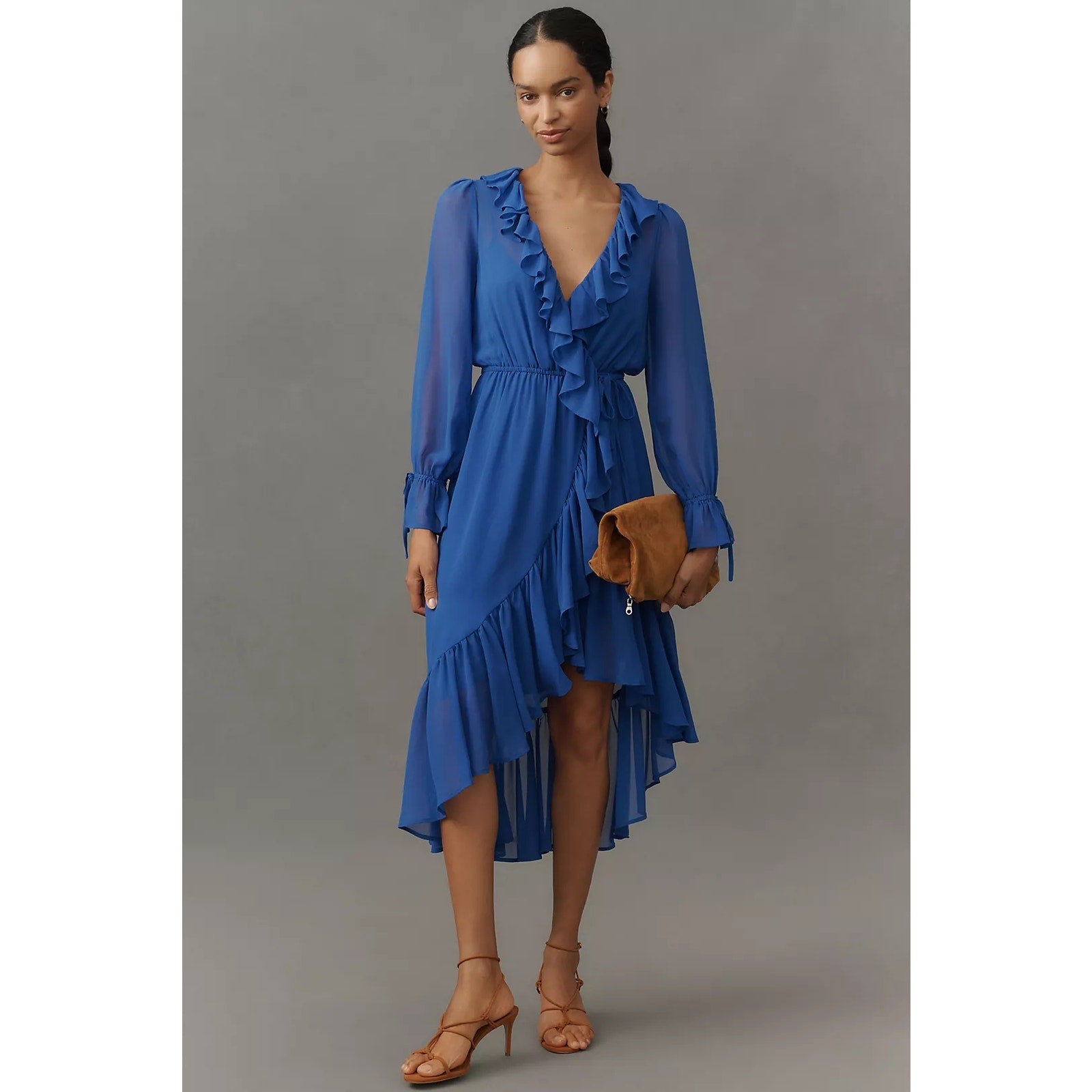 New Anthropologie Long-Sleeve Ruffled Asymmetric Midi Dress $168 SMALL Blue Anthropologie