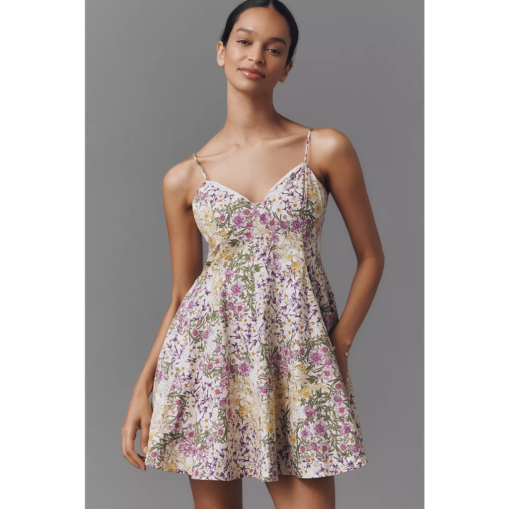 Anthropologie Maeve Lace-Trim Sweetheart Mini Dress XL Yellow Motif Anthropologie