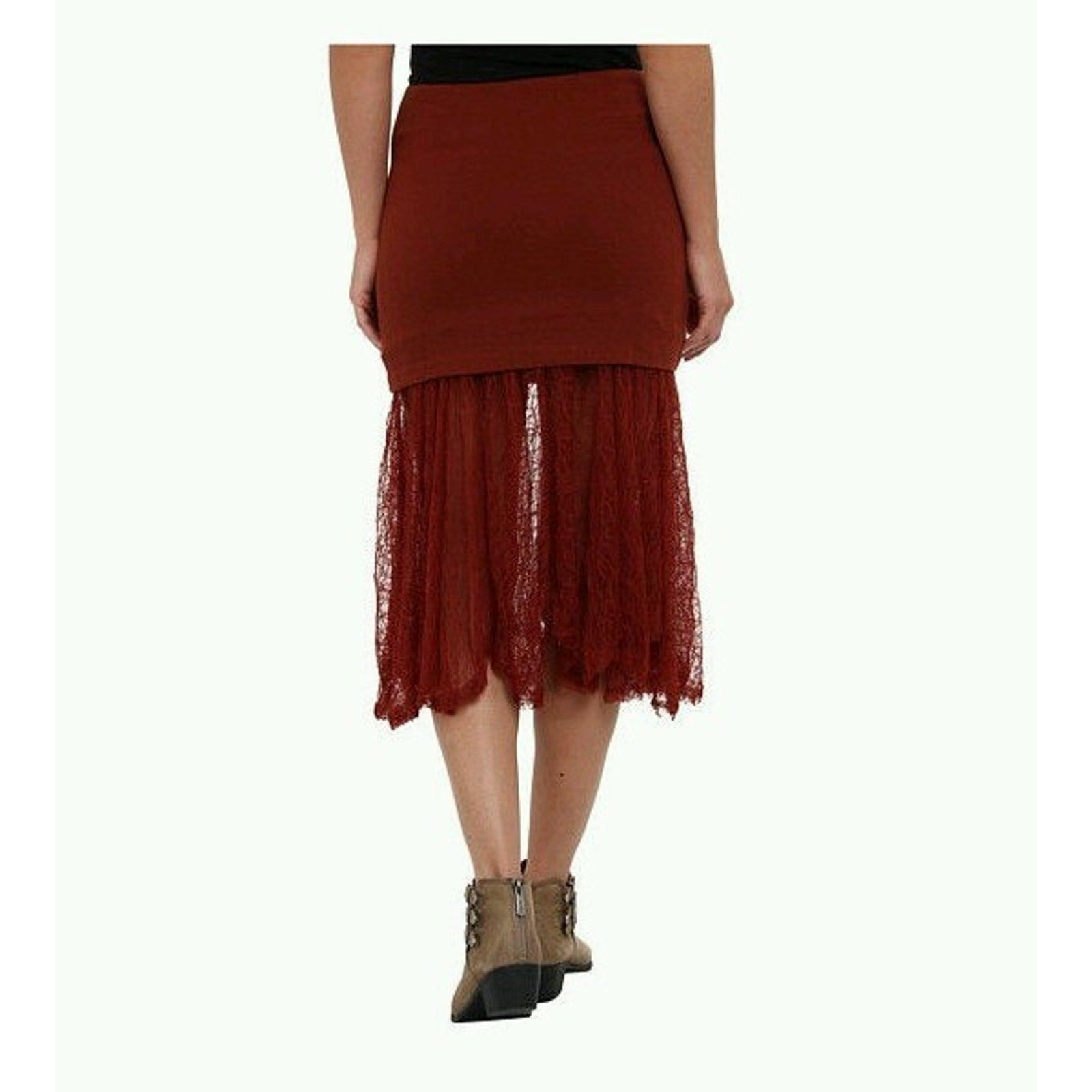 New Free People Two For One Sheer Lace Bottom Midi Skirt Rust Red Rust X-SMALL