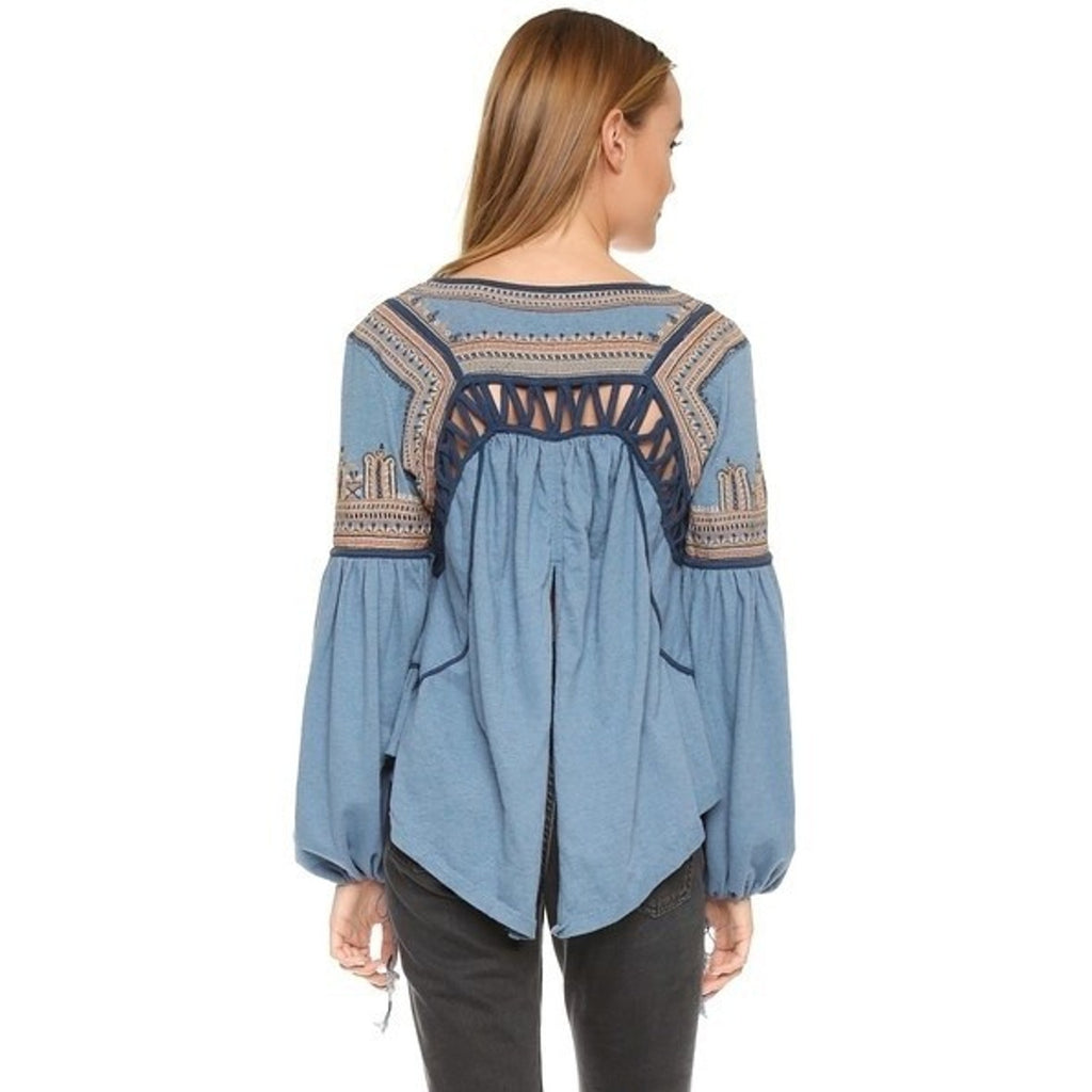 New Free People Snow Kisses Embroidered Long Sleeve Blouse $128 Medium Blue Boho