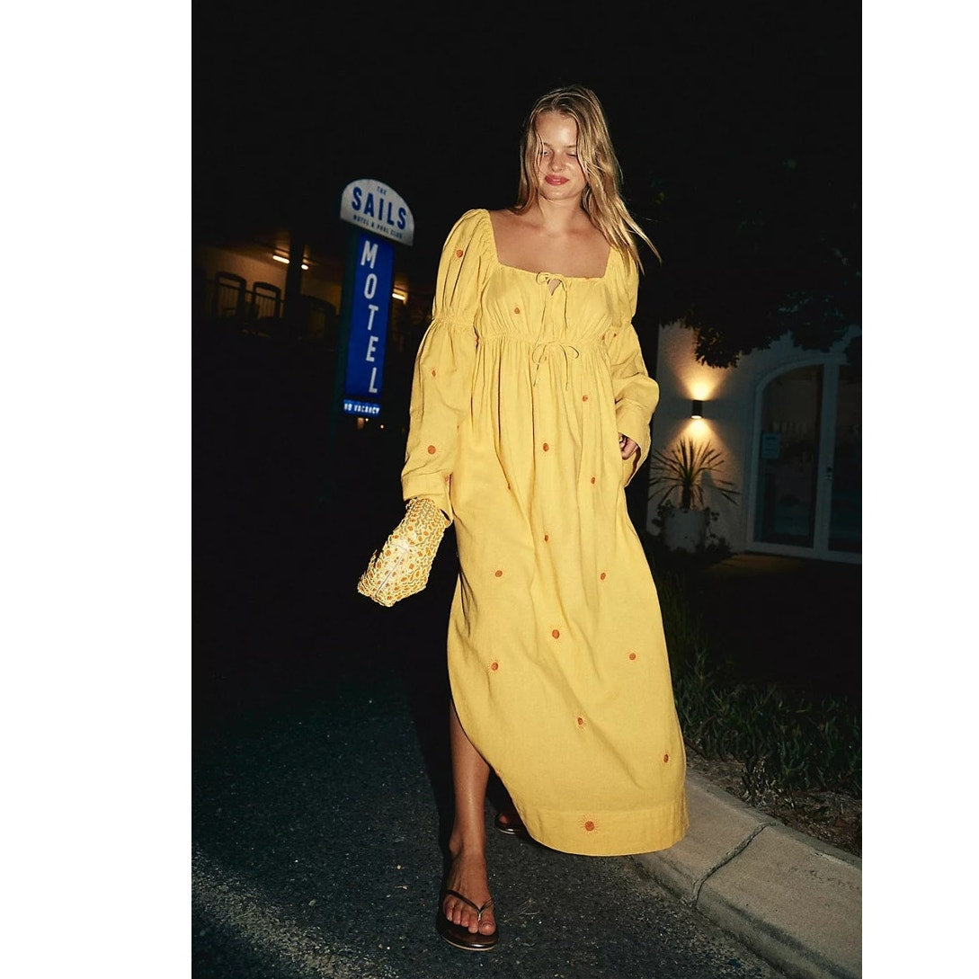 Free People Emory Embroidered Midi Dress $168 SMALL Yellow