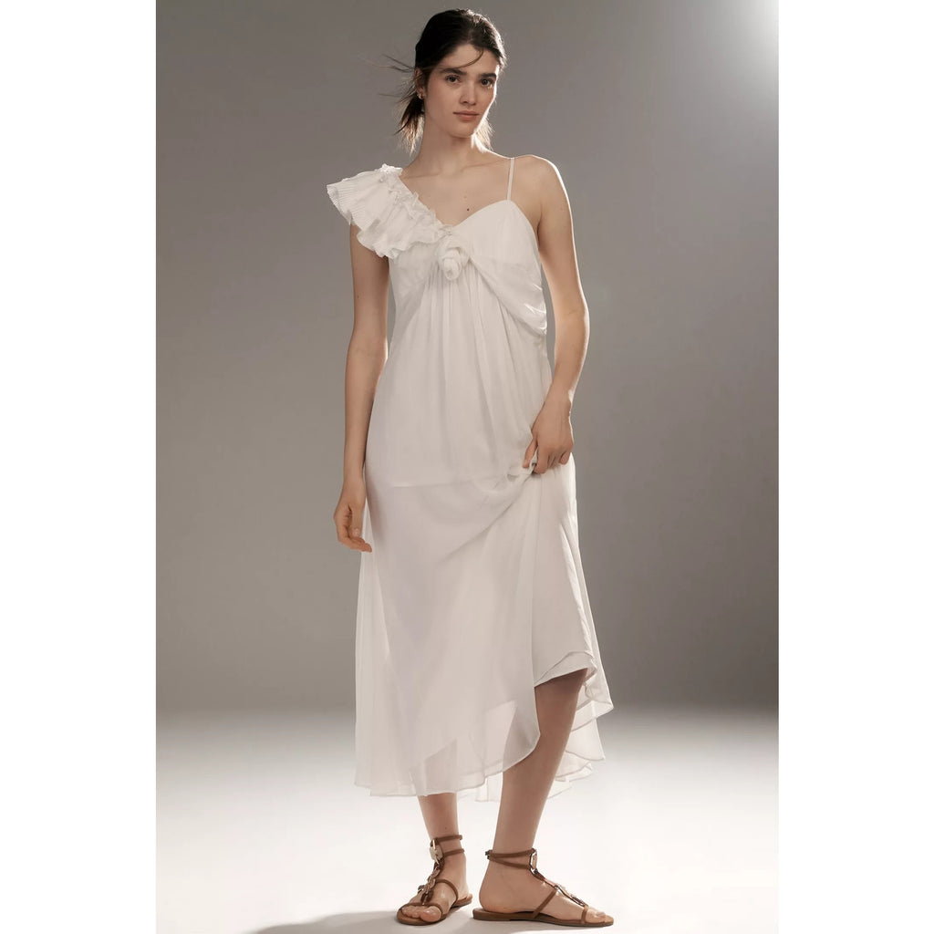 Anthropologie Let Me Be Asymmetric 3D Floral Midi Dress Medium White Anthropologie