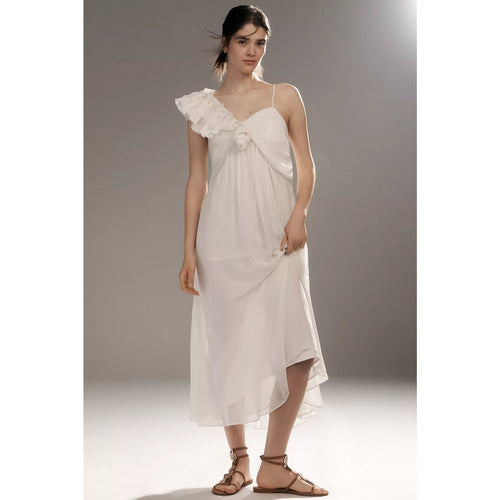 Asymmetric midi dress with thin straps and ruffled shoulder, white