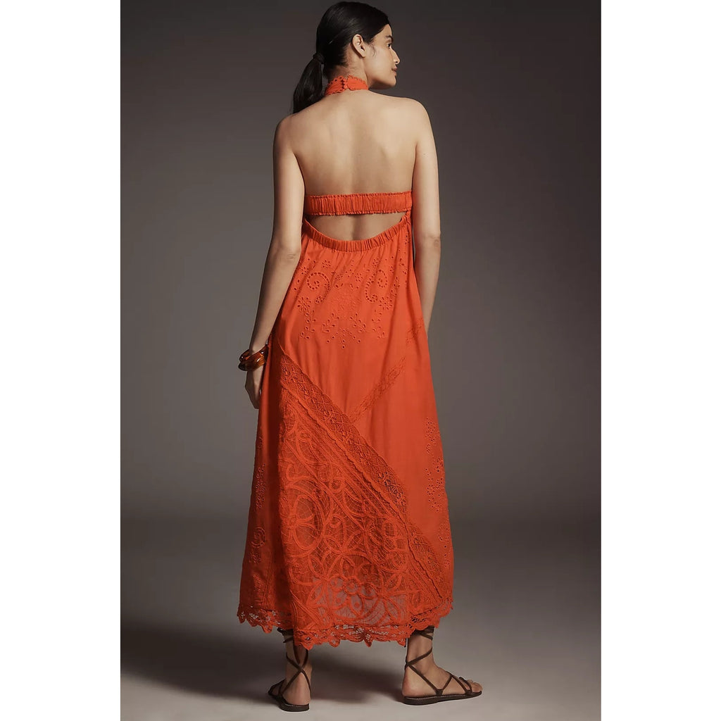 Anthropologie Halter Cutwork Lace Dress MAXI X-SMALL Orange Anthropologie