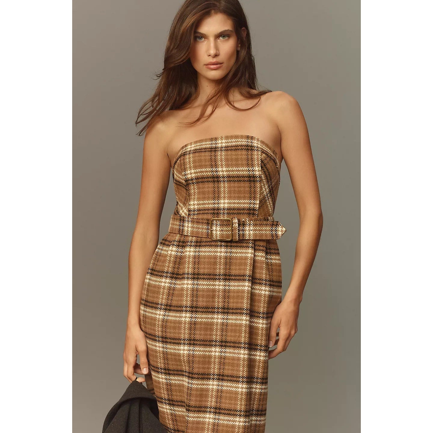 Anthropologie Strapless Belted Midi Dress $178 SIZE 4 Brown PLAID WOOL