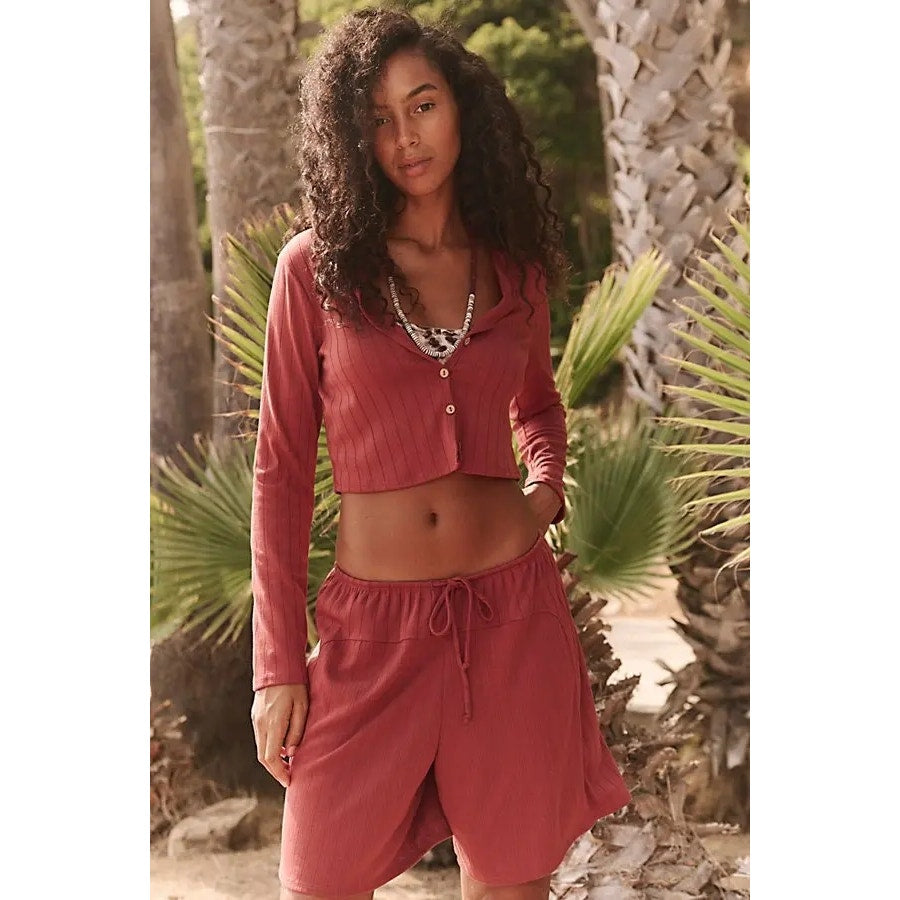 New FREE PEOPLE free-est Monica Cardigan Short Set $88 SMALL Brick Red