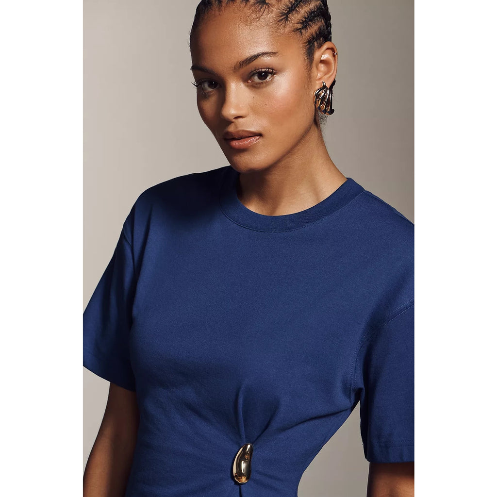 By Anthropologie Gathered Mini Dress SMALL Blue CREWNECK T-SHIRT DRESS Anthropologie