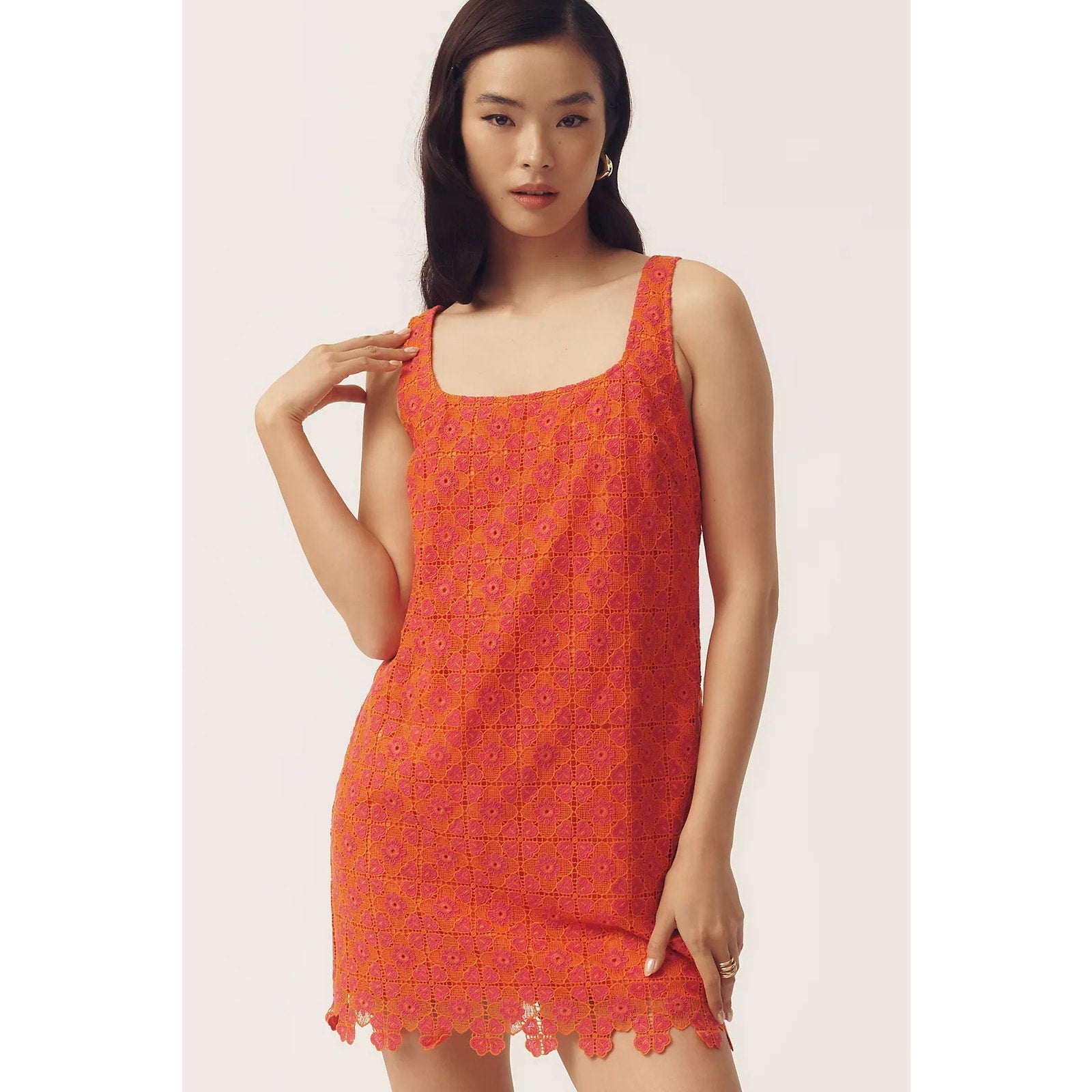 Anthropologie Maeve Square-Neck Mini Shift Dress LARGE Pink & Orange Anthropologie