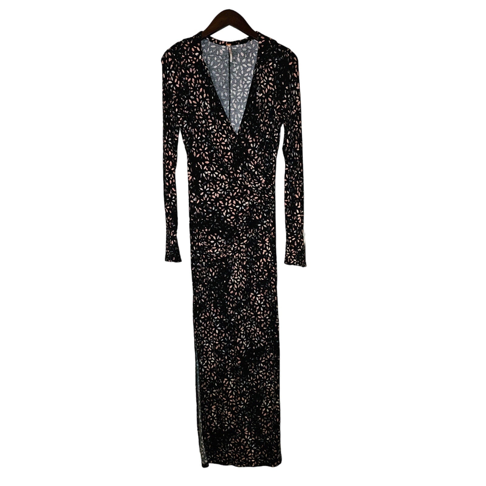 New Free People Shayla Wrap Midi Dress $128  LARGE  Black and Pink Combo V-neck