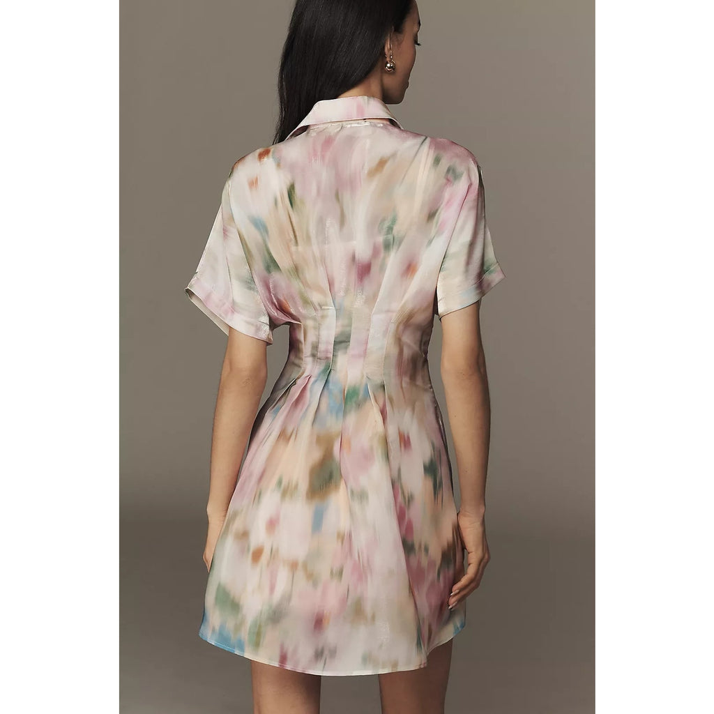 Pastel watercolor mini shirt dress, short sleeves, belted waist, V-back detail
