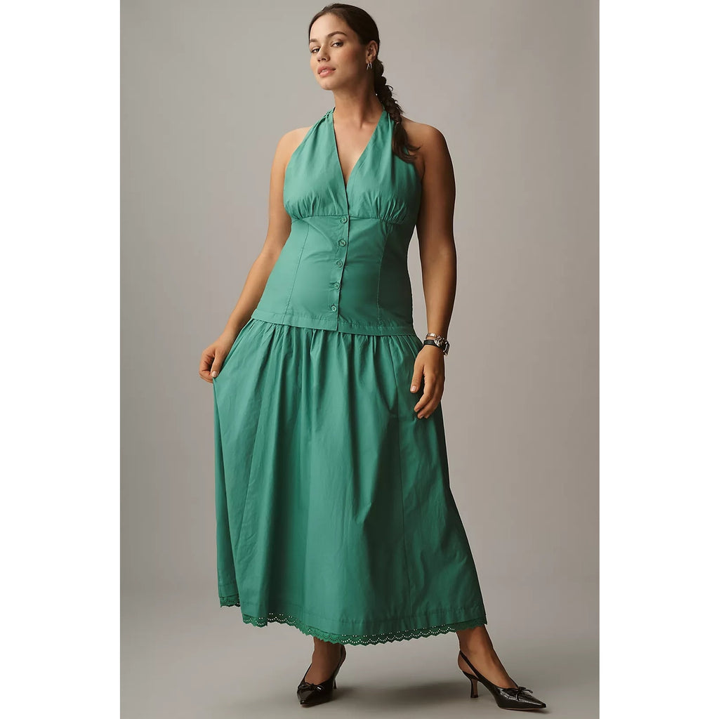 Anthropologie by Maeve Halter V-Neck Drop-Waist Midi Dress Green Anthropologie