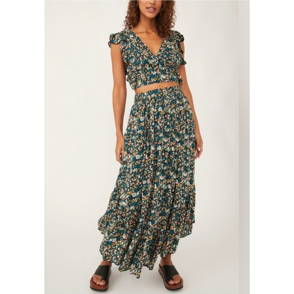 New Free People Pretty Dayz Midi Skirt Set $128 X-SMALL Blue Boho Floral Smocked