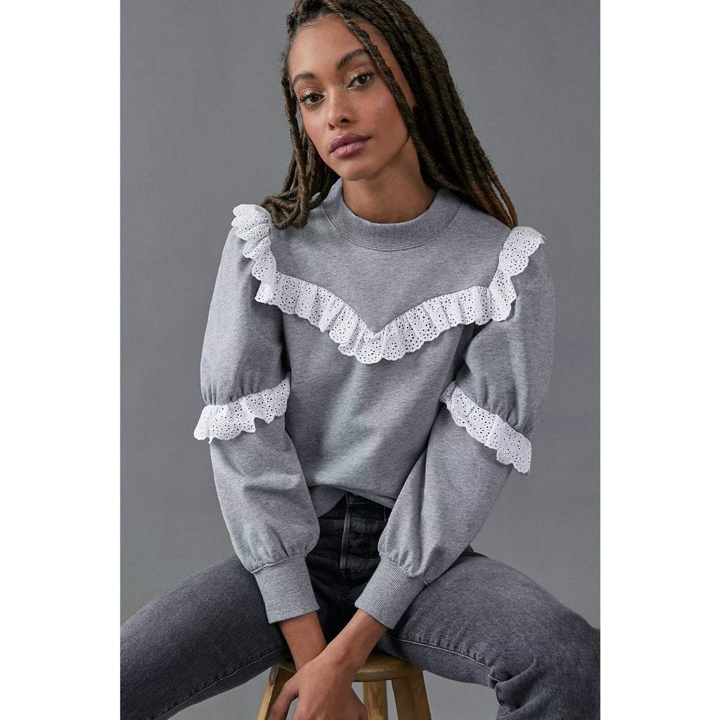 New Anthropologie Corsica Ruffled Eyelet Sweatshirt Othilia Size Small