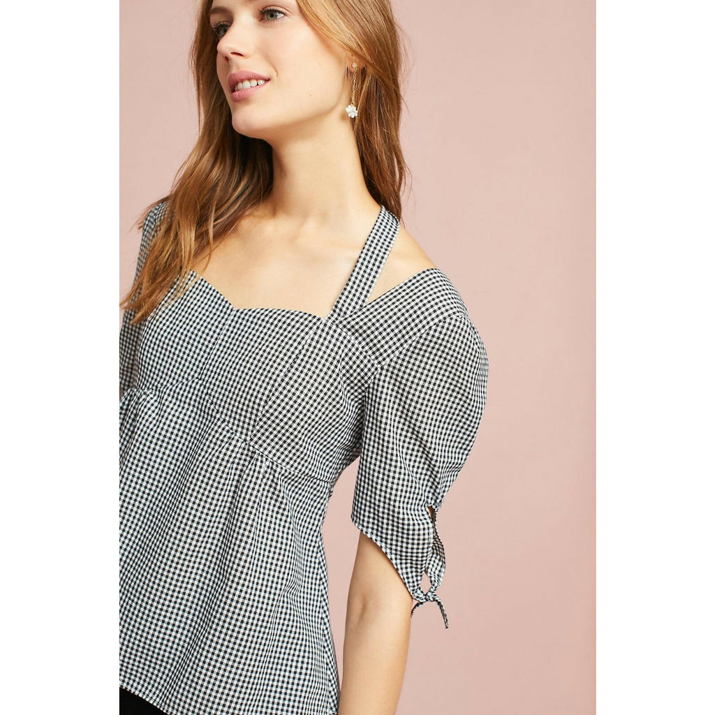 NEW Anthropologie Melda Tie-sleeve Gingham by Lea & Viola Blouse $124 B&W Small