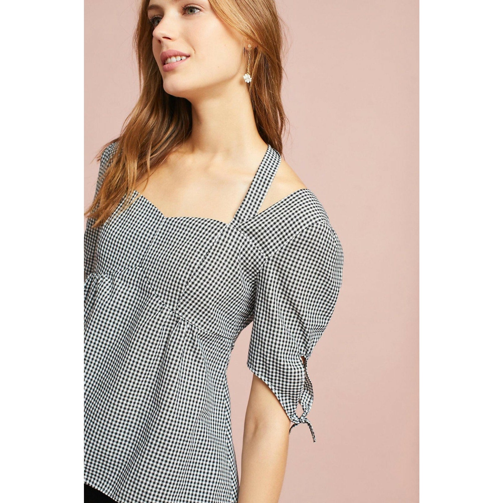 NEW Anthropologie Melda Tie-sleeve Gingham by Lea & Viola Blouse $124 B&W Small