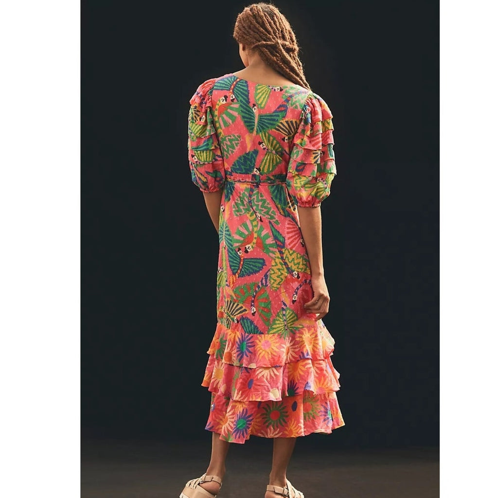 Anthropologie Farm Rio Macaw Ruffled Wrap Dress SMALL MEDIUM Coral Anthropologie