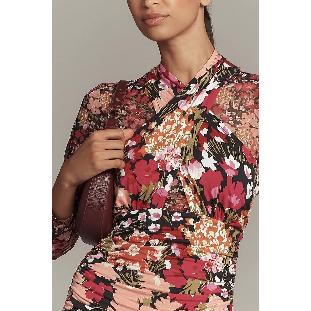 Anthropologie Long-Sleeve Halter Mesh Midi Dress SMALL Multi Floral Anthropologie