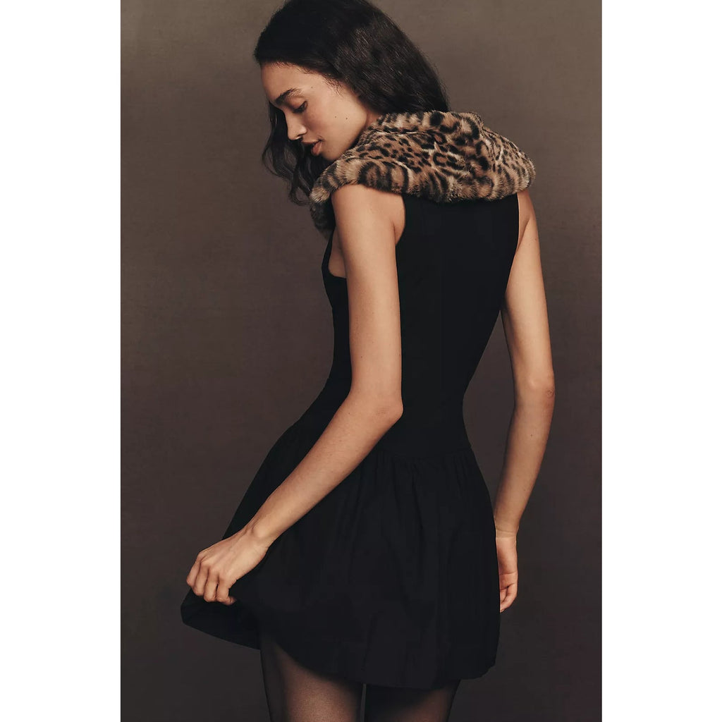 Black faux fur collar mini dress, sleeveless with gathered skirt