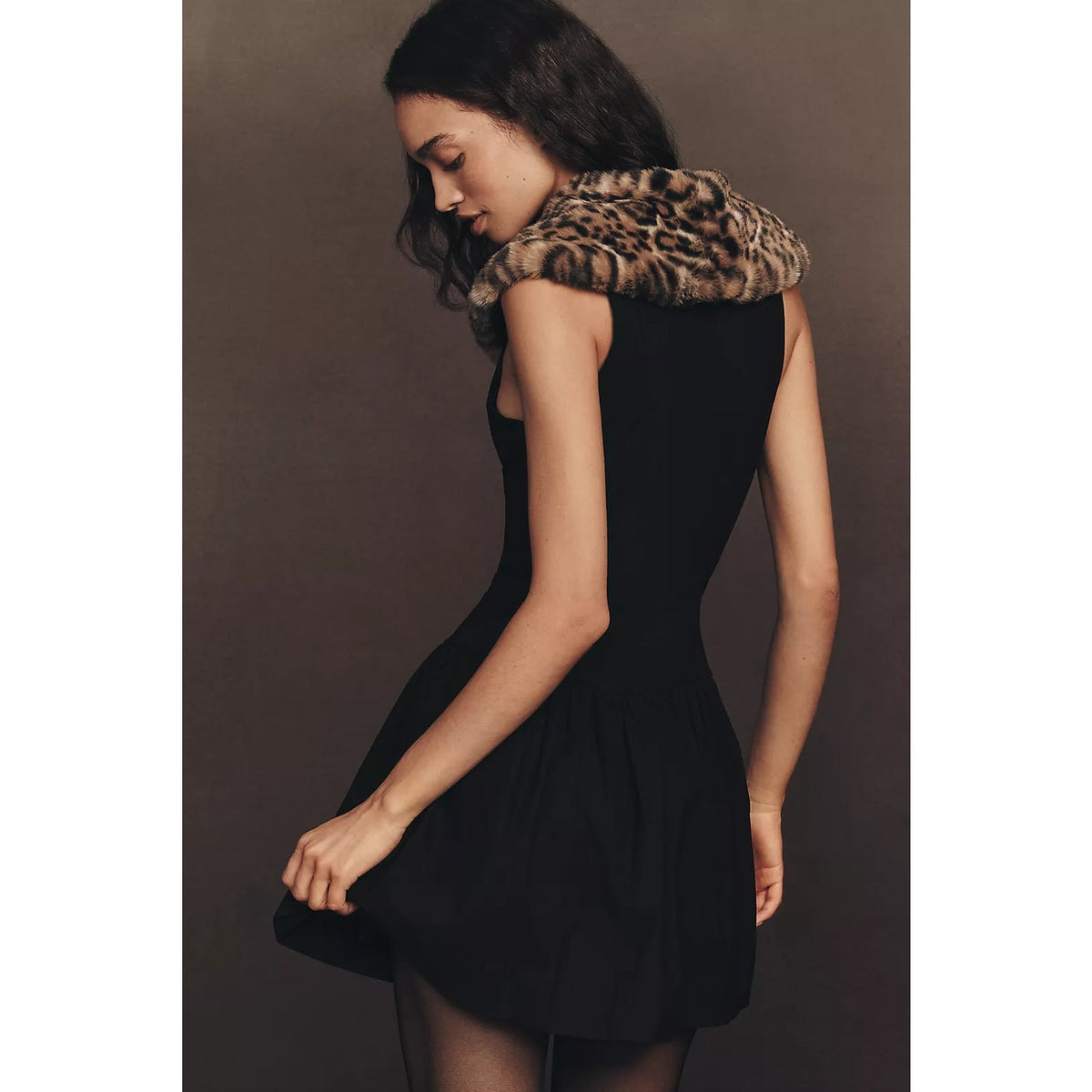 Black faux fur collar mini dress, sleeveless with gathered skirt