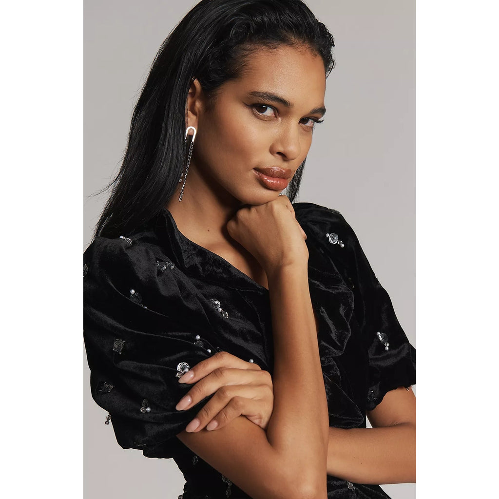 Anthropologie Maeve Short-Sleeve Embellished Velvet Mini Dress $228 SIZE 6