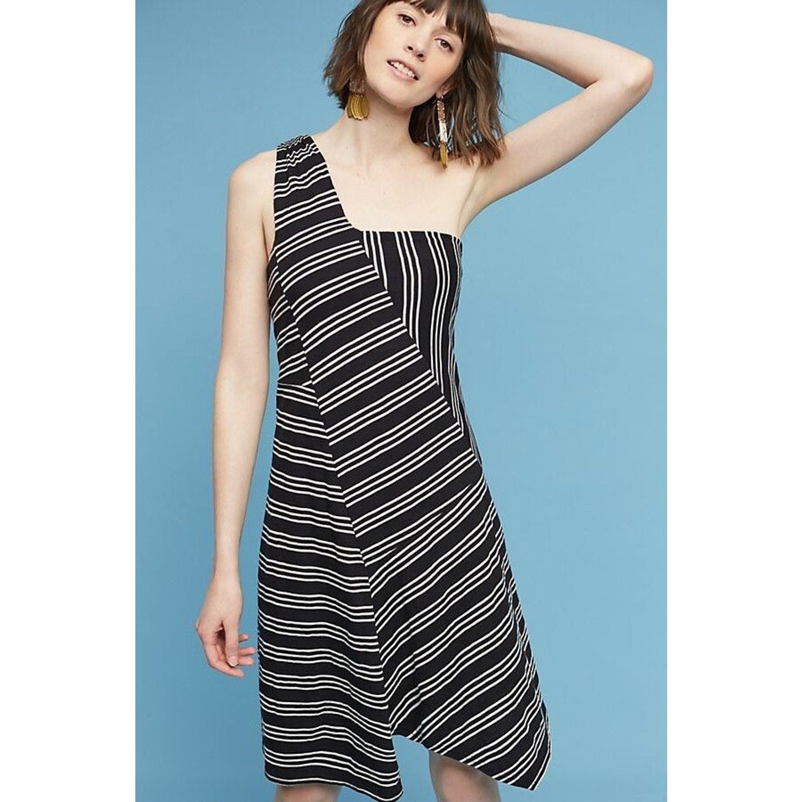 New Anthropologie Moka One-Shoulder Dress by Maeve, Black & White,$118 X-Small