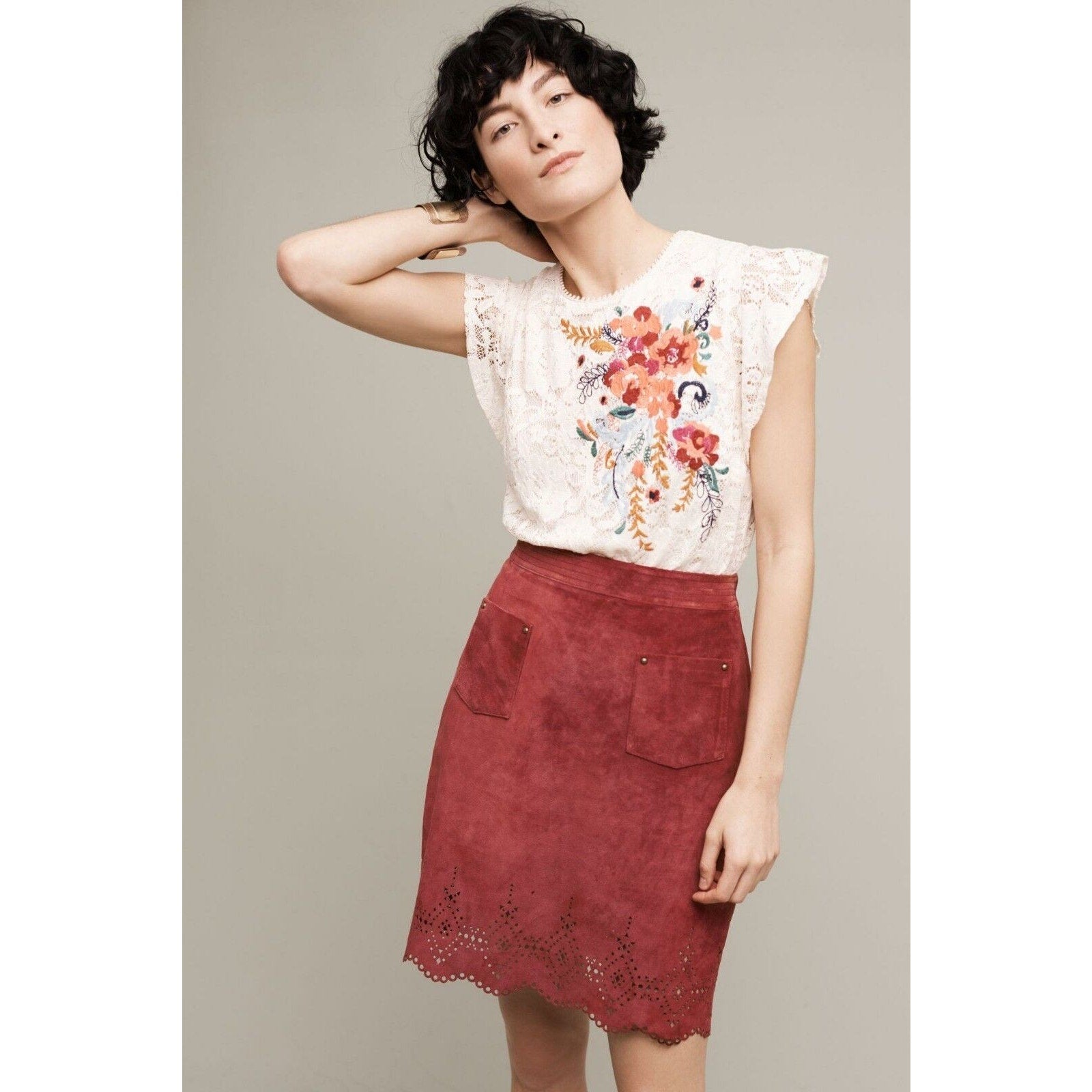 New Anthropologie Napa Laser Cut Leather Skirt by Maeve $198 Red/Bronze Size 6