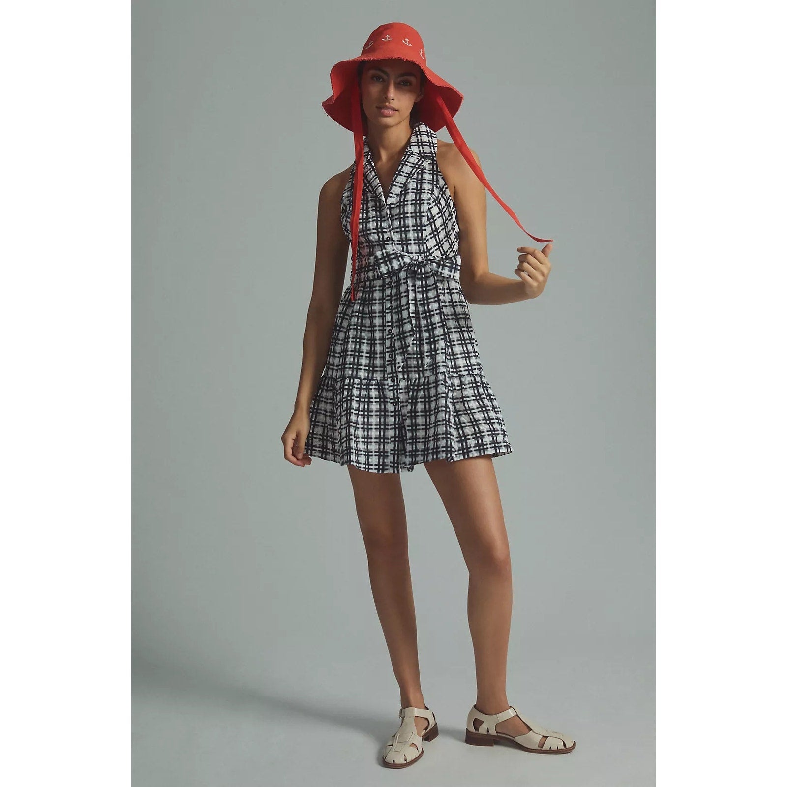 New Anthropologie Maeve Plaid Mini Shirt Dress $170 SIZE 4 Black & White BELTED