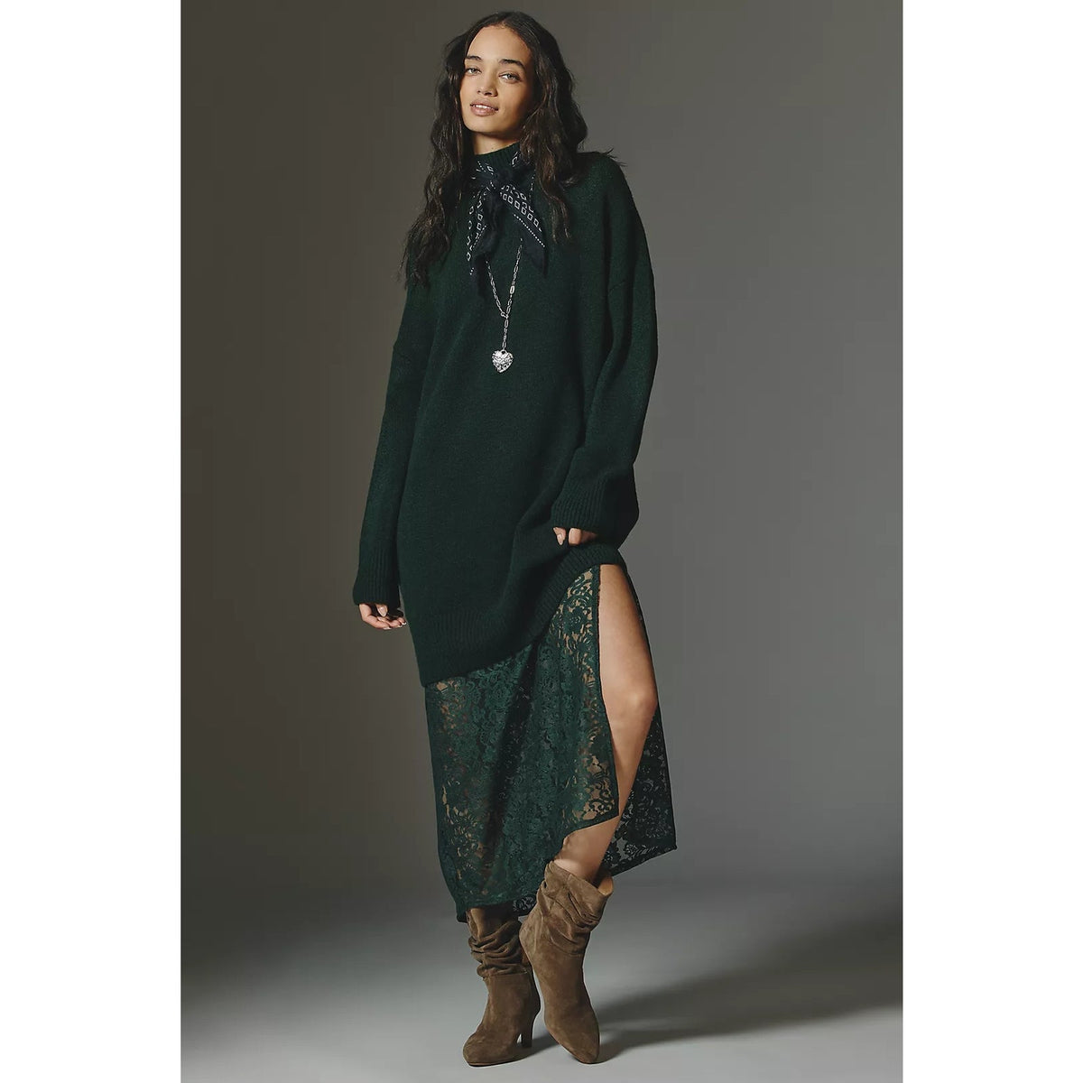 By Anthropologie green sweater lace midi dress with oversized fit and side slit