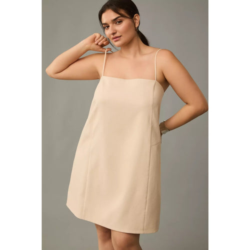 Beige linen-blend mini dress with square neckline, spaghetti straps, A-line silhouette