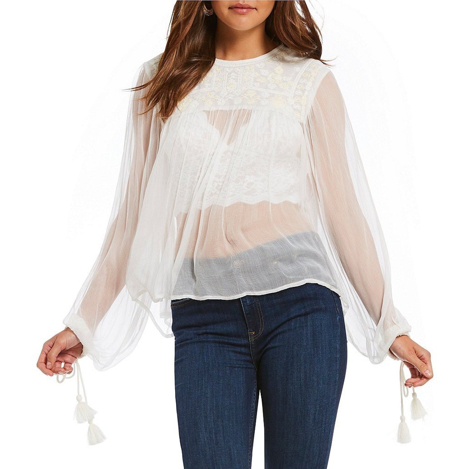 New Free People Retro Femme Sheer Blouse IVORY Retail $98.00 XS