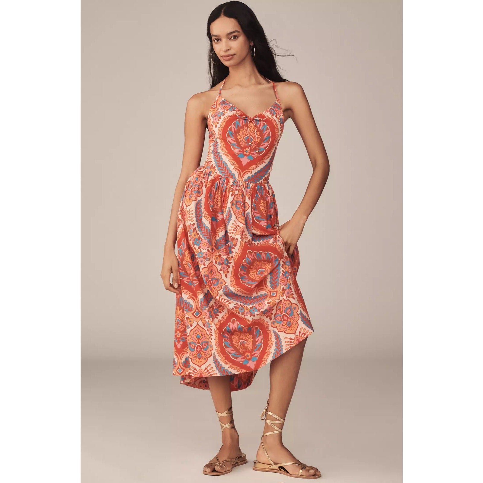 Anthropologie Love The Label Rita Halter A-Line Midi Dress LARGE Orange Anthropologie
