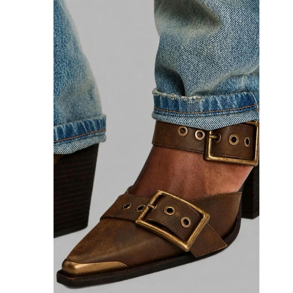 New Free People x Jeffrey Campbell Hendrix Heels $198 SIZE 8 Brown BUCKLES Free People