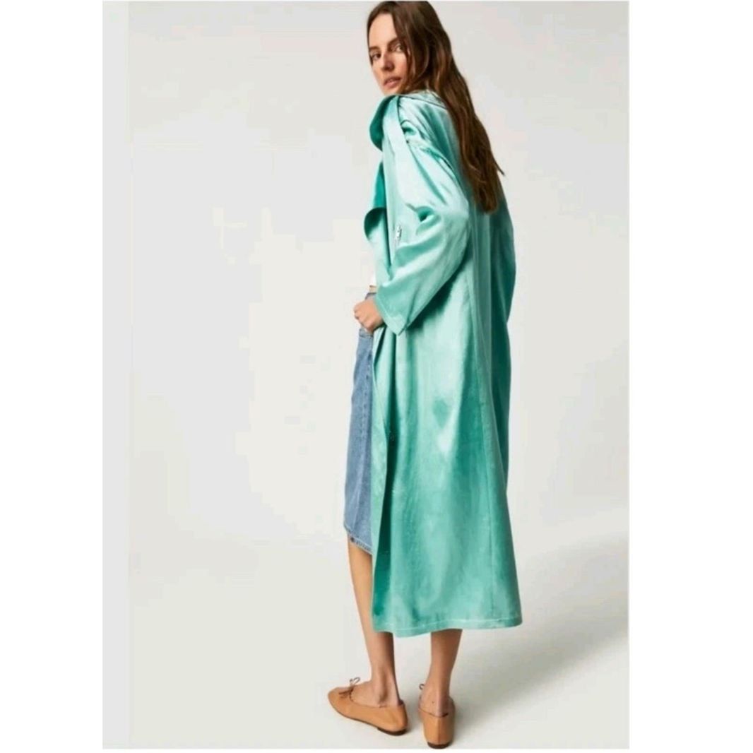 New Brenda Knight x Free People Turquoise Satin Moto Trench Coat $428 Size Small