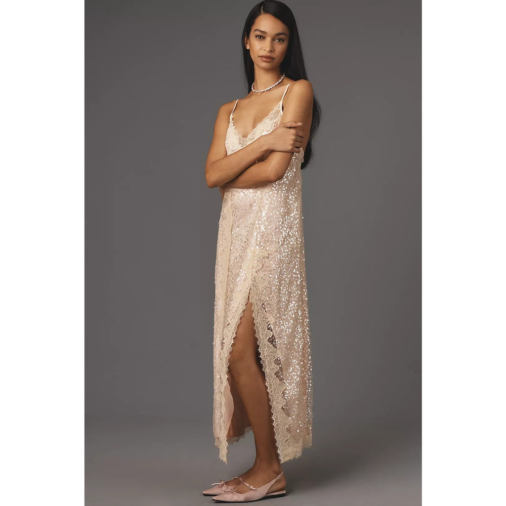 Anthropologie Sleeveless V-Neck Lace Sequin Slip Midi Dress Small