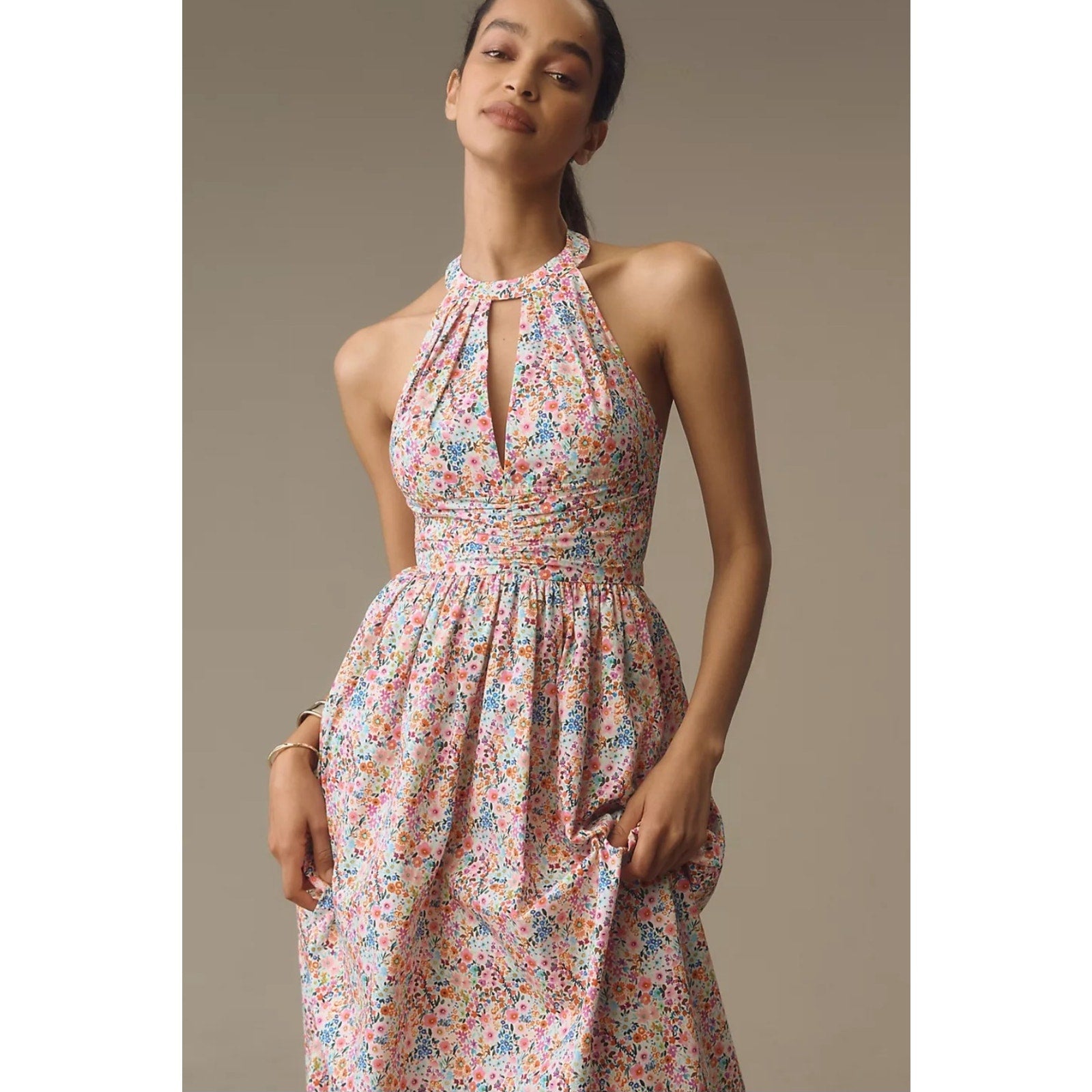 Anthropologie Atsu Halter Bow-Back A-Line Midi Dress $228 SMALL Pink