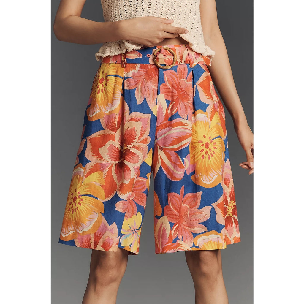 Farm Rio x Anthropologie Linen Blend Belted Floral Bermuda Shorts XS FARM Rio for Anthropologie