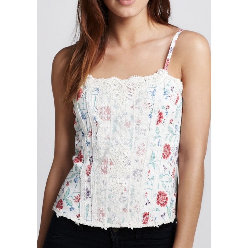 New Free People Miss Lizzy Floral Corset Top $98 SIZE 2 White Zip Lace Detail