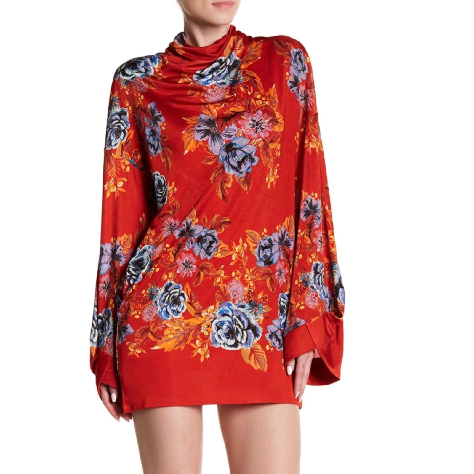 New Free People 2 AM Mini Dress Mock Neck  $168 SMALL Red  Floral Open-Back
