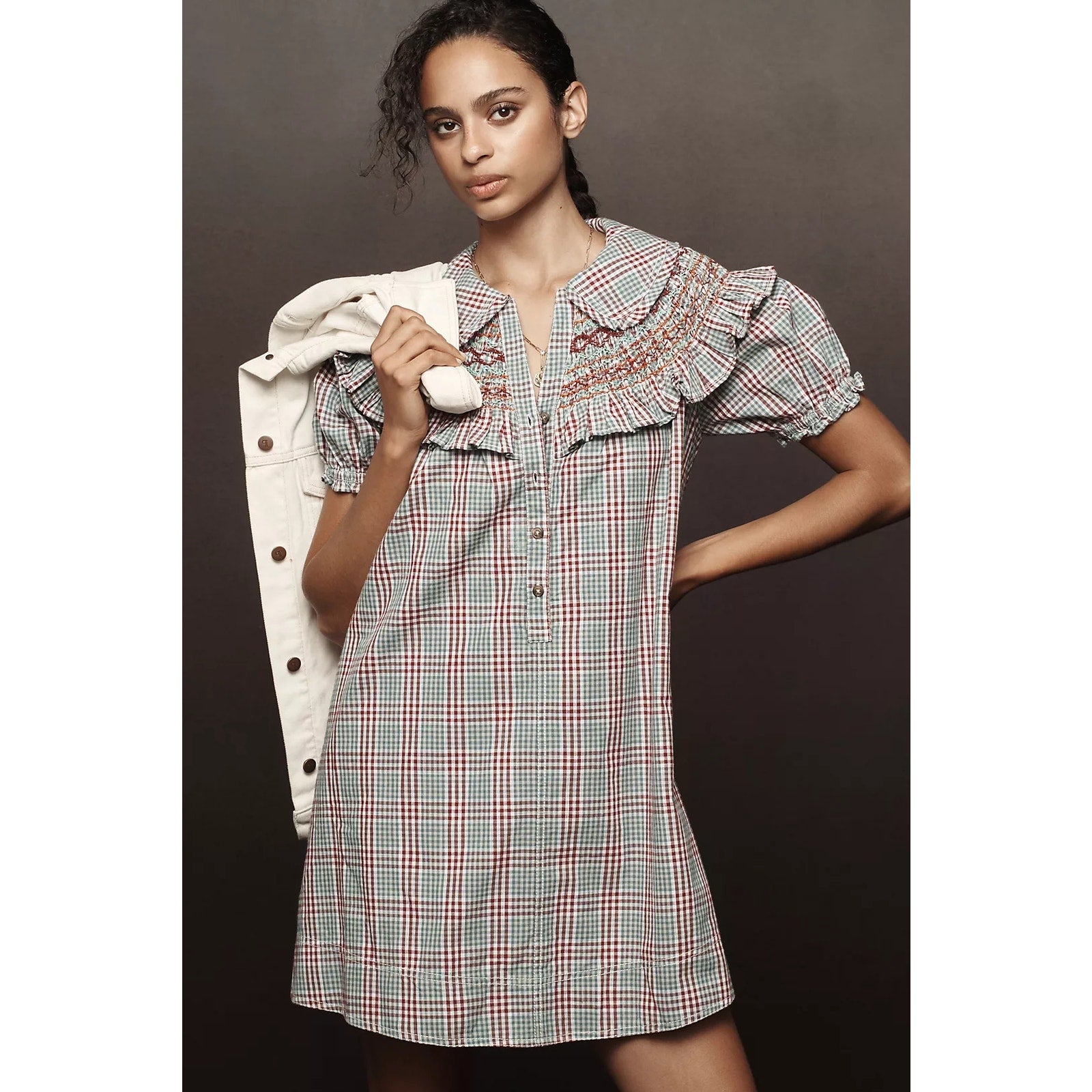 Anthropologie Pilcro Short-Sleeve VNeck Smocked Babydoll Mini Dress